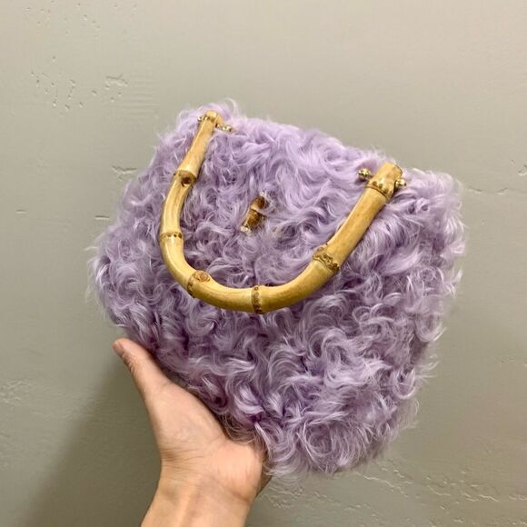 Handmade Genuine Curly Shearling Bamboo handle Bag/Shoulder Bag/Crossbody - Picture 12 of 16